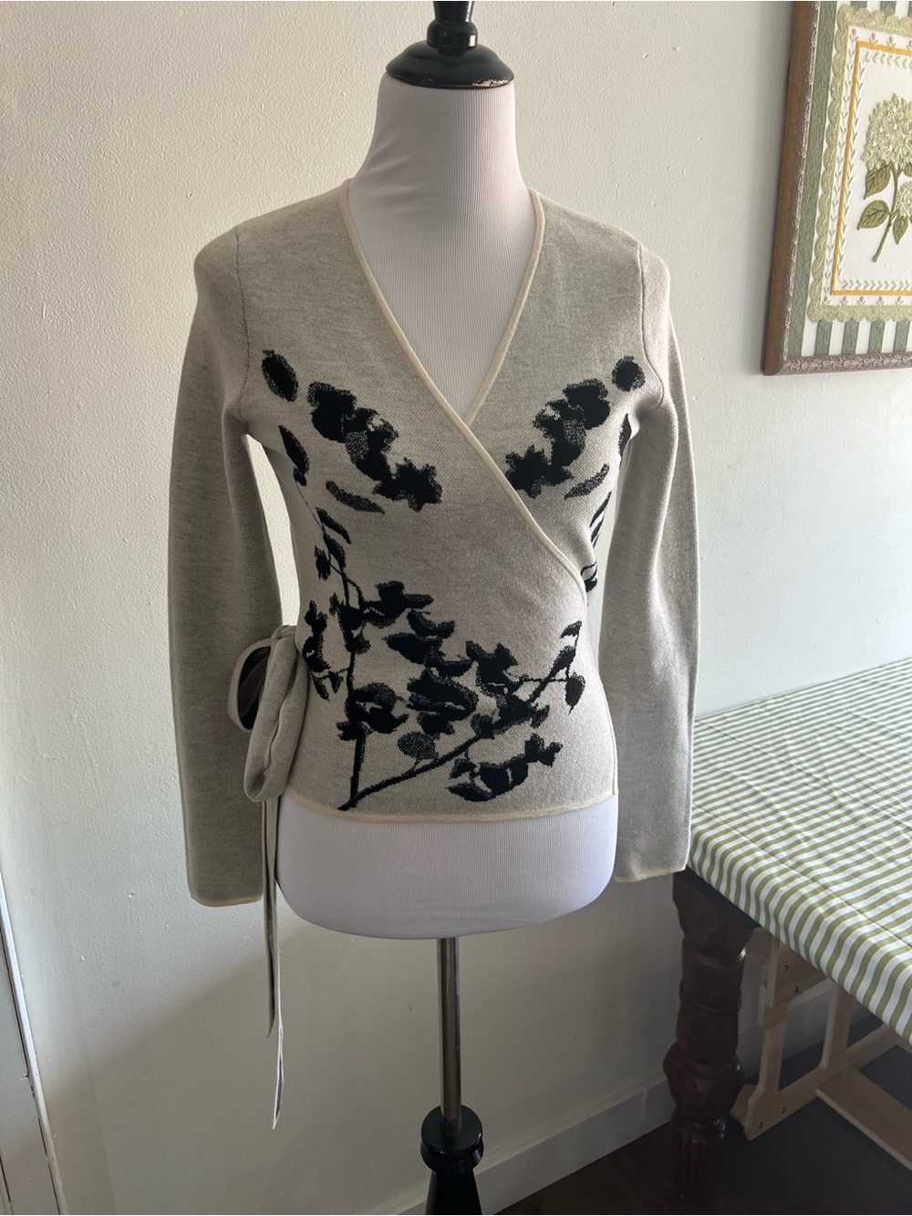 Diane Von Furstenberg Cream Wrap Cardigan with Black Floral Jacquard